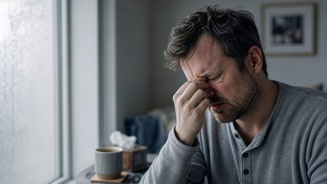 Sick man rubbing the bridge of his nose at home, sinus pressure and cold and flu season concept