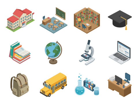 Isometric education icons including school bus books microscope and classroom elements for academic learning and teaching