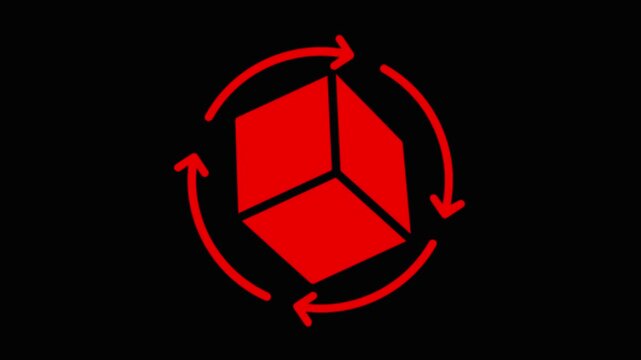 Red glowing 3D cube rotating with circular arrows animation on black background
