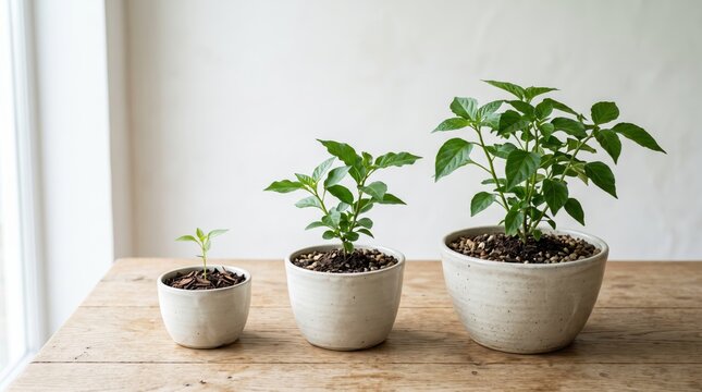 Three potted plants showing growth stages from small seedling to mature bush on wooden table near window, symbolizing organic development, sustainability, nature conservation