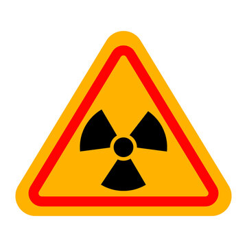 Radiation warning icon with yellow triangular double border, radioactive hazard symbol and nuclear safety sign