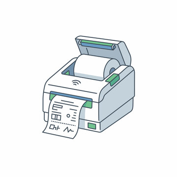 Modern portable receipt printer outputting a paper ticket on white background