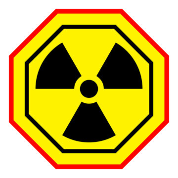 Radiation warning icon with black trefoil on yellow octagonal hazard sign, red border and nuclear safety symbol