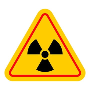 Radiation warning icon with black trefoil on yellow triangular safety sign, red border and nuclear hazard symbol