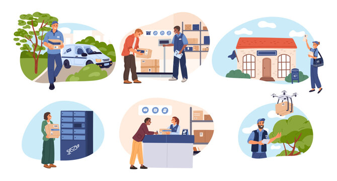 Postal service. Sending and receiving and processing packages or letters. Drone carrying cardboard boxes. Courier in uniform. Mailman work. Correspondence shipping. Vector concepts set