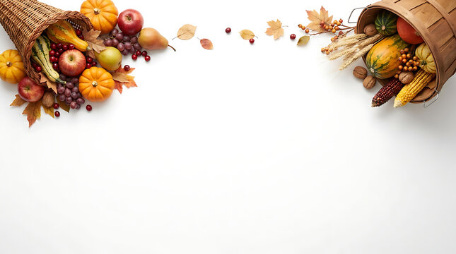 Two cornucopias filled with autumn harvest produce on white background
