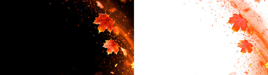 Obraz premium Curved autumn trail with glowing sparks isolated PNG effect. Red and orange falling foliage overlay on black and transparent background. Dynamic seasonal element