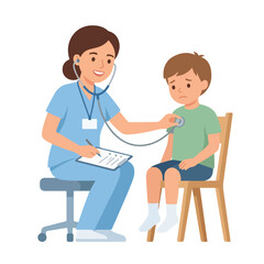 Obraz premium A female doctor in blue scrubs examines a young boy with a stethoscope while taking notes on a clipboard in a clinic.