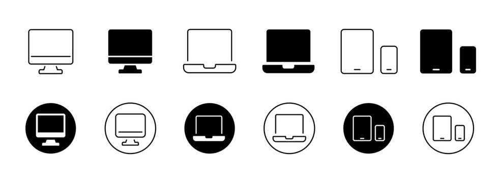 Computer electronic devices vector icon set. Desktop monitor, laptop, tablet, and smartphone screen symbols in line art, solid black, and circle badge styles. Responsive design concept vectors.