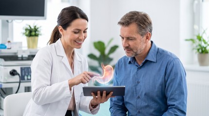 Obraz premium Female gastroenterologist explaining a digital 3D stomach model on a tablet to a male patient