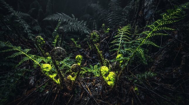 Fern fiddleheads unfurling in dark forest with glowing green spores on mossy ground.