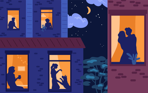 Houses at dusk. Neighbors at windows. Happy people on terraces. Residents return home after work. Residential buildings in night. Housemate dark silhouettes. Vector evening cityscape