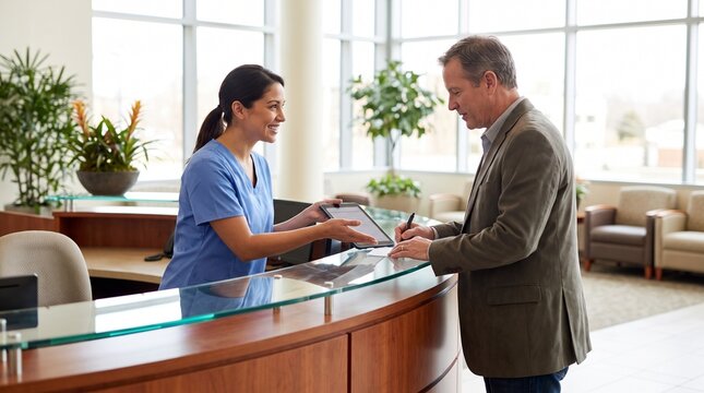 Smiling hospital receptionist handing a tablet to a male patient signing in at a reception desk