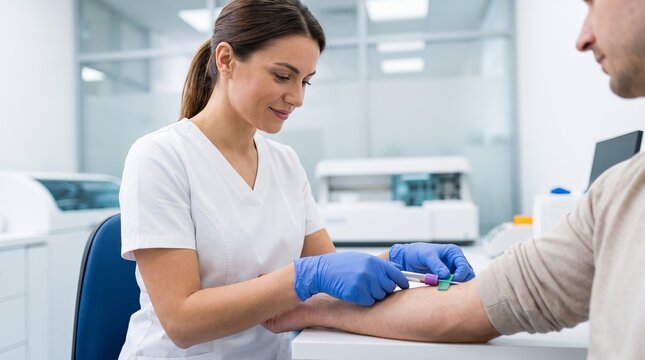 Female phlebotomist drawing a blood sample from a male patient's arm in a diagnostic lab