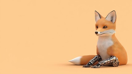 Fototapeta premium A charming baby fox robot in a cyberpunk design showcases vibrant orange and silver colors, standing confidently in a futuristic setting