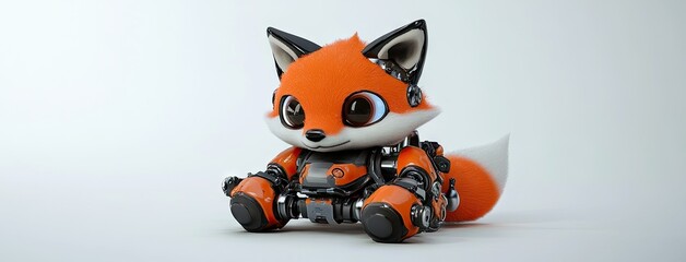 Fototapeta premium A charming baby fox robot in a cyberpunk design showcases vibrant orange and silver colors, standing confidently in a futuristic setting