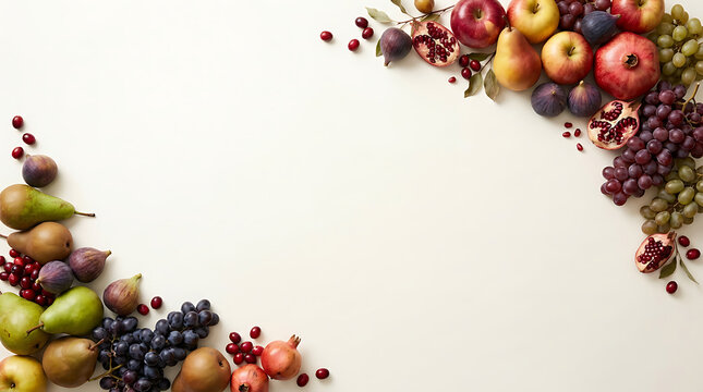 Fresh autumn fruit border with pears grapes figs and pomegranates
