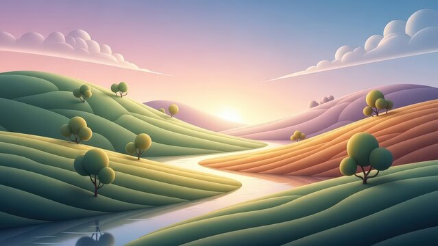 Soft pastel colored landscape featuring rolling hills and a winding river under a gentle sunset sky with fluffy clouds and small green trees