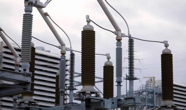 Image of high-voltage electrical disconnect switches or insulators installed in an electrical substation