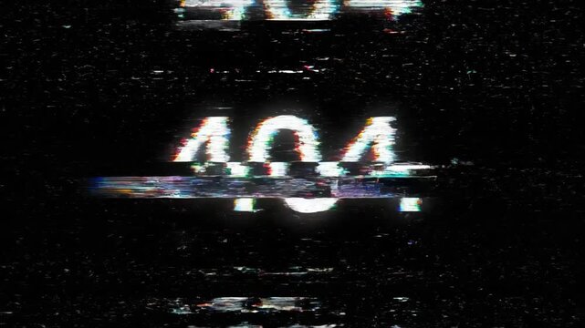 The white, glowing 404 HTTP error code flashes and glitches violently on a pure black background. The screen is corrupted with RGB color separation, noise, and static lines for a dramatic effect.