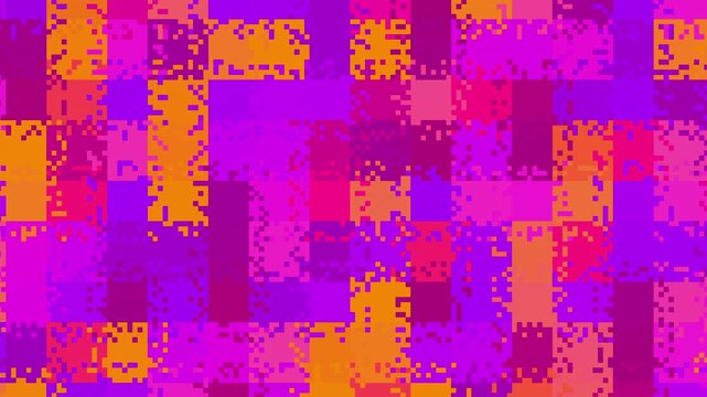 Abstract background loop of small squares in a geometric pixelated mosaic tile pattern. Orange, pink, purple and yellow color scheme