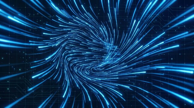 Abstract glowing blue neon light particles spiral tunnel background. Dynamic cosmic hyperspace or data stream motion blur for tech, gaming, cyber, and sci-fi design