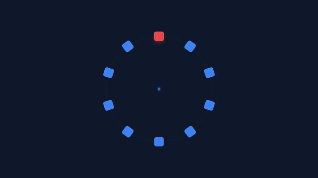 Minimalist circular loading animation with a red square moving on a dark blue background.