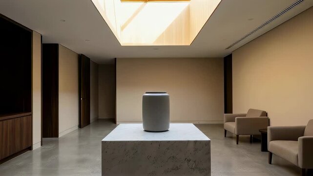 Memorial urn sits on a marble pedestal inside a quiet modern room. Funeral site with minimalist interior for farewell ritual. Peaceful space for remembrance rite.