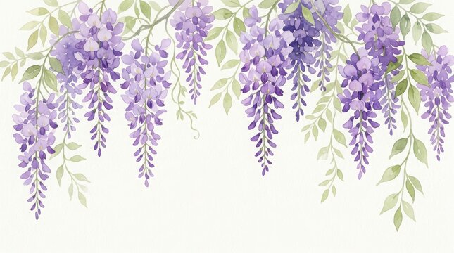 Beautiful watercolor wisteria flower branch hanging border with purple blossoms and green leaves for elegant spring design