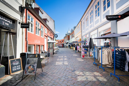 Adelgade street in well-preserved downtown Ebeltoft, Denmark
