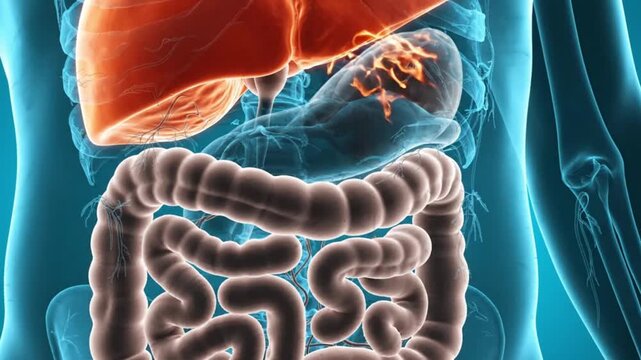 3d illustration of human digestive system anatomy with highlighted liver and intestines