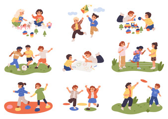 Fototapeta premium Cute children playing outside. Group games for kids. Hopscotch and soccer. Energetic boys and girls fun. Little friends launch kites. Toy blocks and train. Leisure activities vector set