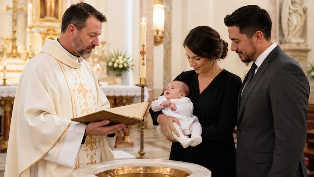 Family baptism ceremony in warm church interior