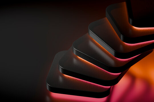 3D stacked panels black red orange copyspace create a dramatic modular platform with warm neon underlighting