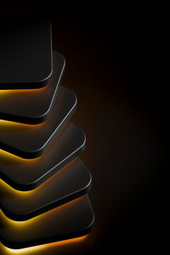3D stacked panels black amber copyspace create a vertical architectural column with glowing layered illumination