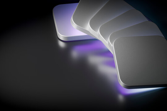 3D floating panels white purple copyspace form a clean futuristic staircase composition with soft luminous shadows