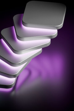 3D stacked panels silver purple glow create a floating modular sculpture with futuristic layered geometry