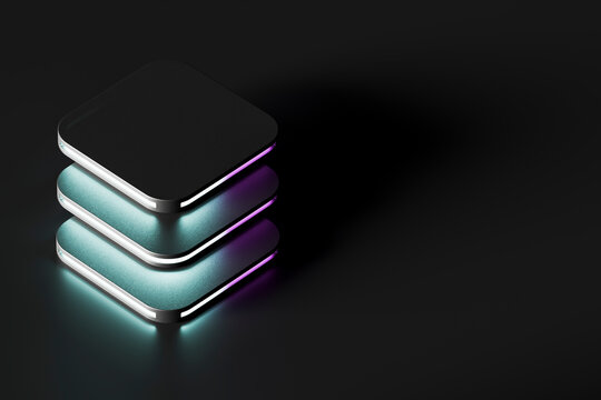 3D stacked panels black neon copyspace form a futuristic modular technology composition with cyan and purple edge lighting