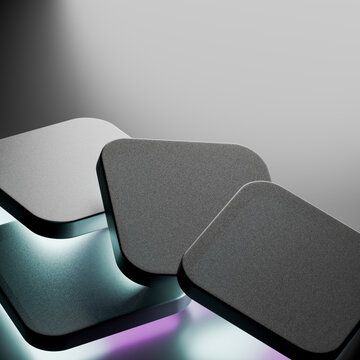 3D metallic panels gray cyan purple create an intersecting modular composition with luminous futuristic surfaces