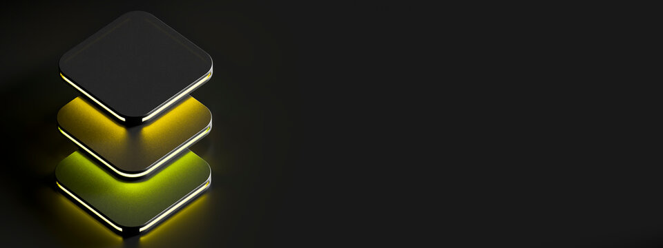 3D stacked panels yellow green copyspace create a luminous modular platform with dark futuristic technology styling
