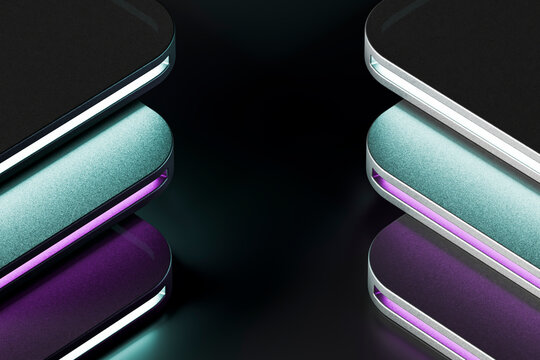 3D mirrored panels cyan purple copyspace create a symmetrical futuristic interface with illuminated layered surfaces