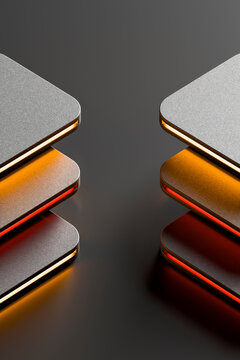 3D metallic panels orange red copyspace form a warm futuristic architectural frame with glowing stacked layers
