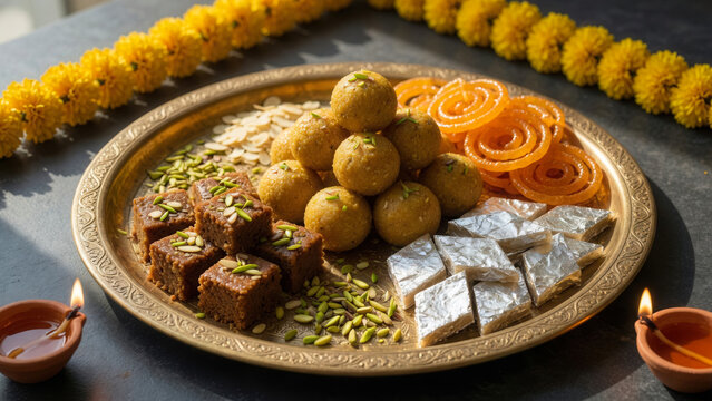 Traditional Indian sweets served on brass platter with diya lamps, diwali festival celebration and cultural holiday