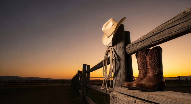 Cowboy hat boots with lasso rope on wooden ranch fence at sunset, western lifestyle and country culture