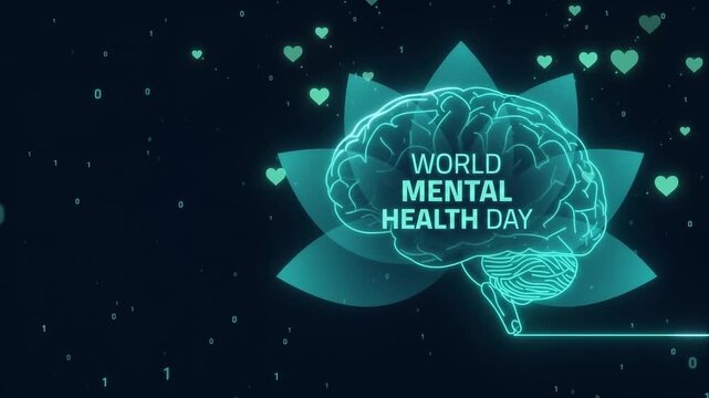 Digital illustration for World Mental Health Day featuring a glowing brain and lotus flower symbol.
