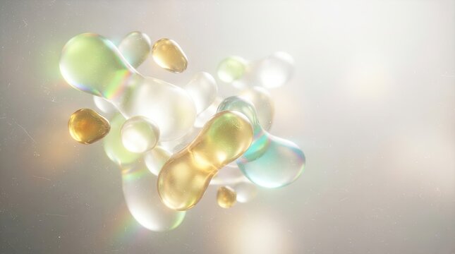 Abstract organic liquid drops in yellow and green colors on soft light background.