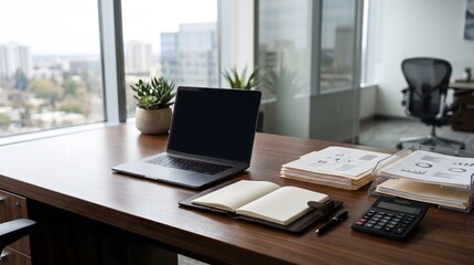 Fototapeta premium Clean modern corporate office desk with laptop, financial documents, open notebook, calculator, and city view through a large window