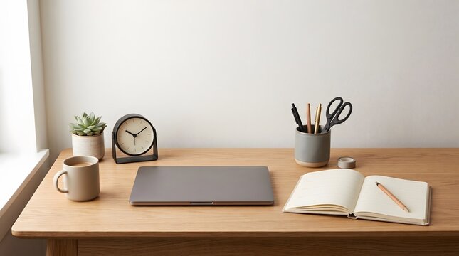 Clean minimalist wooden office desk with closed laptop computer, open notebook, coffee mug, and desk decor.