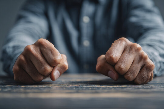 Close-up of clenched fists on office desk expressing work stress, anger and tension in modern workplace with soft dramatic lighting