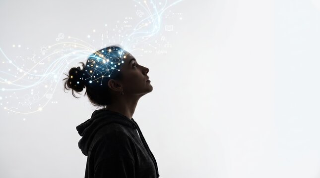 Creative silhouette of a woman looking upwards with glowing digital neural network graphics emerging from her head, representing artificial intelligence, machine learning concepts